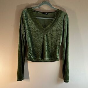 Cider Olive Velvet V-Neck Long Sleeve Top